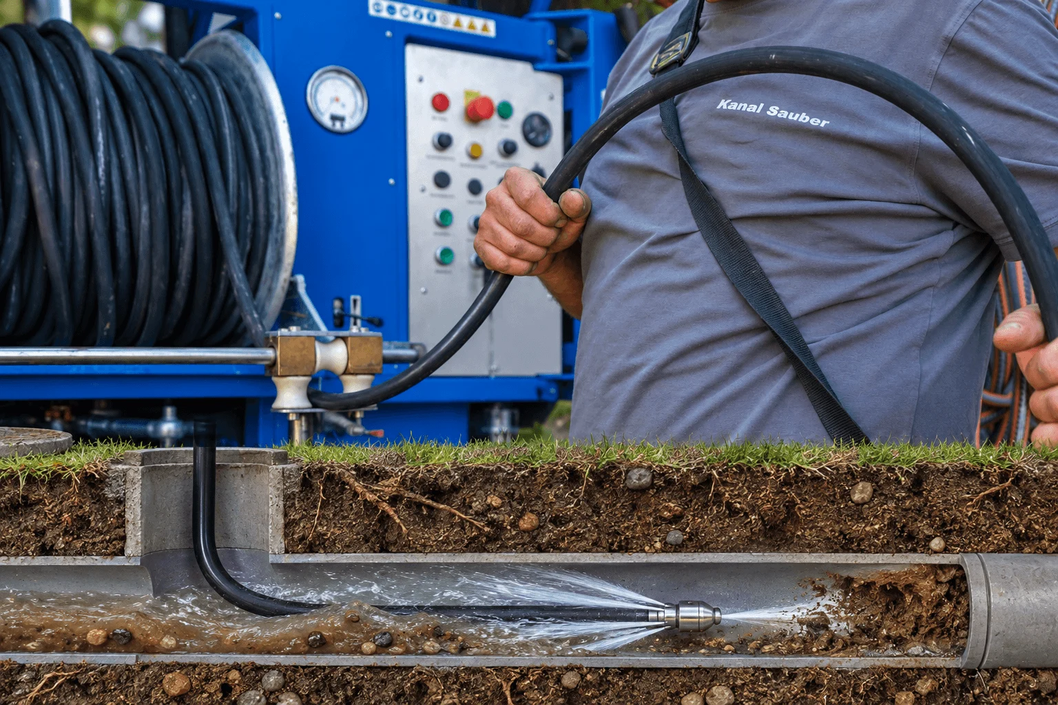 Mit Wasserkraft reinigen – illustrative Darstellung der Hochdruckspülung.